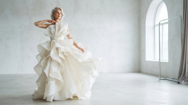 Elegant bride in a voluminous ruffled wedding gown posing gracefully indoors