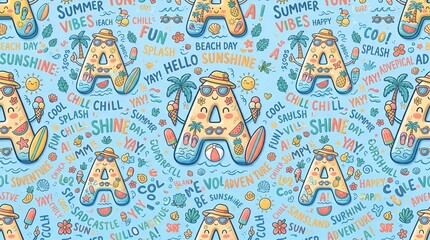 Naklejka premium Creative doodle typography background featuring adorable letter A illustrations with colorful summer icons and playful handwritten elements.