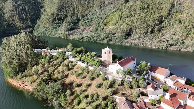 Drone Pullback from the Templar Tower in Dornes, Portugal