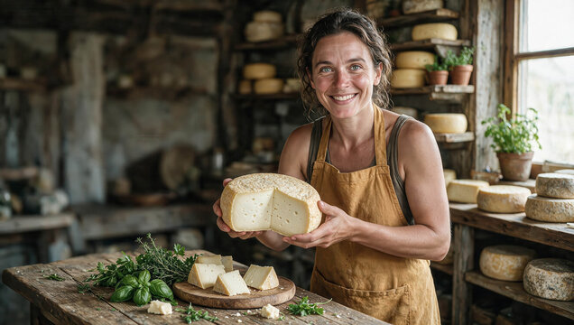 Warm smile brightens a cheese-maker's face. Hands cradle a large, soft cheese wheel. Wooden shelves hold dozens of aged rounds. Fresh herbs rest beside sliced wedges