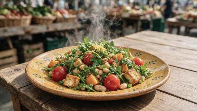 Steam rises from a vibrant salad on a rustic plate. Fresh tomatoes, beans, and croutons fill the dish. Sunlit wooden table holds the meal, invitingly presented