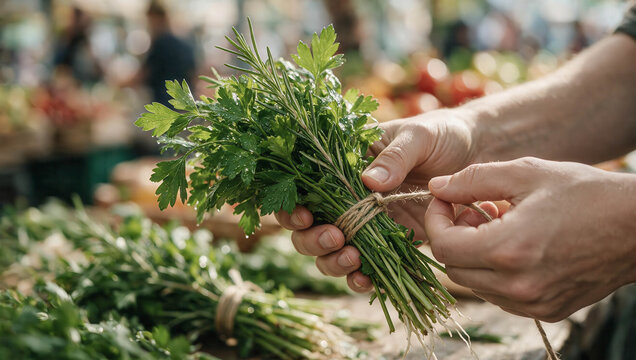 Hands tie fresh parsley with twine at market stall. Green herbs gleam under soft daylight. Background shows vibrant produce stalls. Buyers browse vegetables with care. Image captures rustic