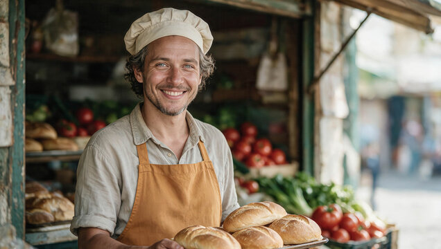 Baker smiles warmly behind open market stall. Fresh breads rest on tray held proudly. Vibrant tomatoes and greens fill background shelves. Sunlit scene suggests morning market hustle