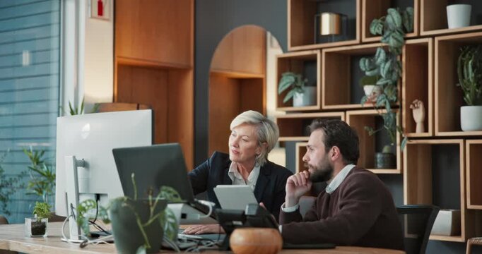 Lawyer, talking and business people in office on computer for legal strategy, case study or research. Law firm, team and woman with paralegal on tech for online report, contract review and consulting