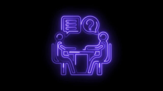 Neon glow interview discussion question mark conversation bubbles two people sitting at icon