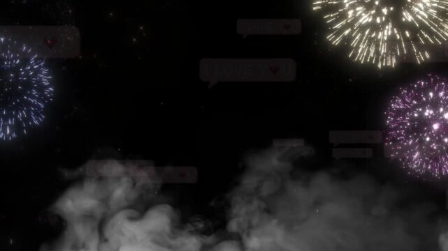 Pixelated i love you speech bubbles floating over vibrant colorful night sky fireworks display celebration with fireworks explosions with symbols floating amidst