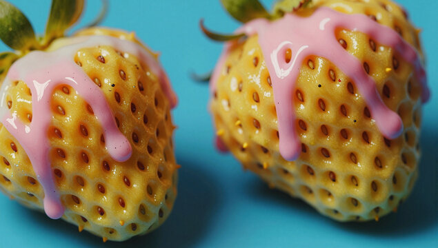 Two pink frosted strawberries with yellow seeds on a blue background.
