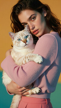 A woman in a pink sweater holds a fluffy white cat against a vibrant yellow and teal background.