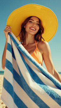 A woman in a yellow hat smiles while holding a blue and white striped towel at the beach.