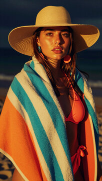 A woman in a wide-brimmed hat and colorful poncho.