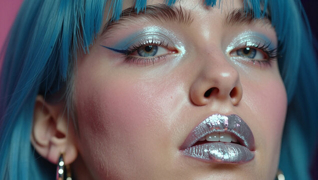 A close-up of a person with blue hair, bold silver eyeshadow, and metallic lipstick.
