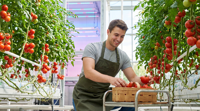Smiling handsome young male farmer in a green apron carefully harvesting fresh ripe red tomatoes from tall plant vines into a wooden basket inside a bright modern commercial greenhouse.