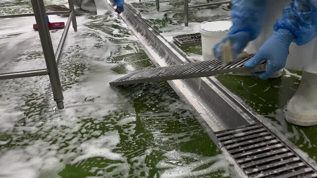 Worker cleaning a floor drainage channel during sanitation procedures in a food manufacturing facility. Foam cleaning process supporting food safety, hygiene management, SSOP, GMP compliance, and envi