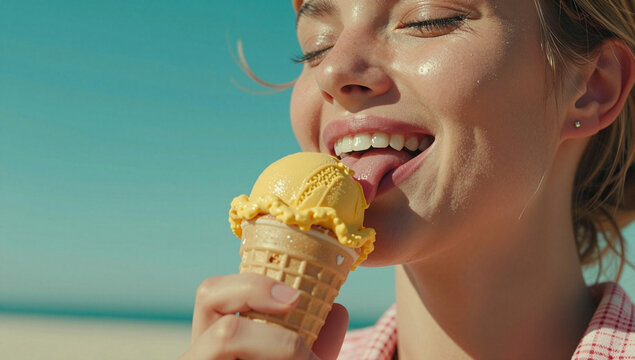 A woman happily eating a scoop of yellow ice cream on a sunny beach.
