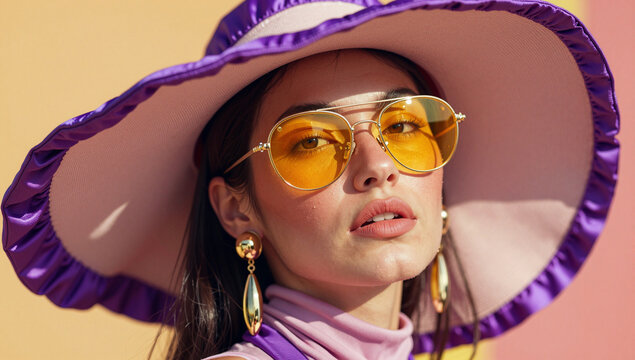 A woman wearing a purple ruffled hat and yellow sunglasses, set against a vibrant pink background.