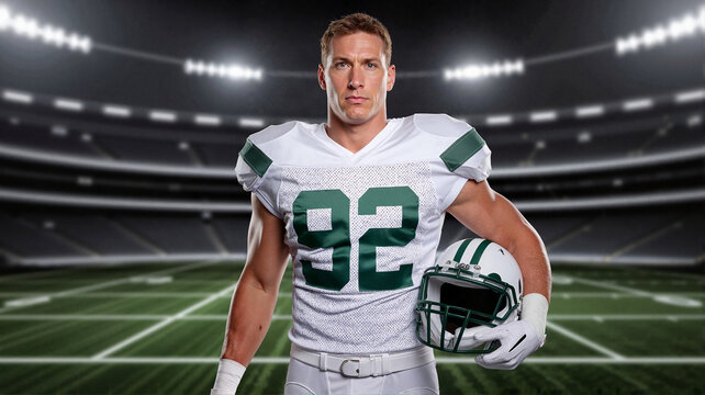 Male football player posing confidently on the field in stadium  