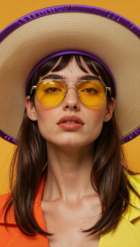 A stylized portrait of a woman wearing a wide-brimmed hat and yellow sunglasses against a vibrant background.