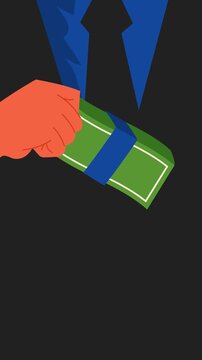 An official takes a bribe, his hands in handcuffs, against a background of green banknotes. Vertical animation in a flat vector art style