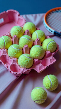 A pink egg carton filled with yellow tennis balls and a racket in the background.