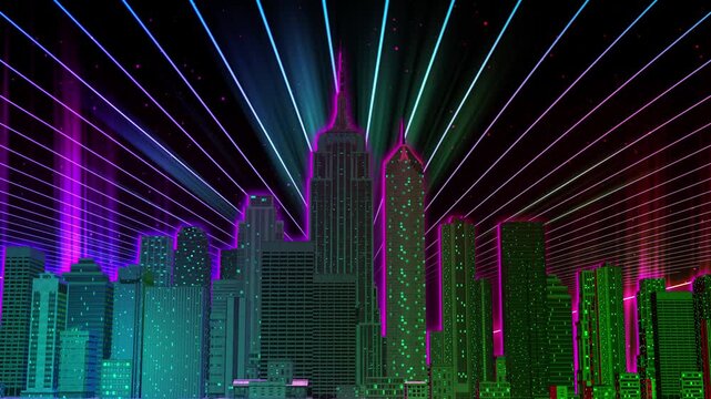 Futuristic cyber city skyline illuminated by vibrant rainbow neon lights, glowing skyscrapers and colorful laser beams in a dark digital cityscape.