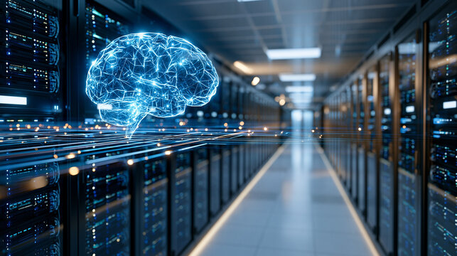 Long data center corridor with a glowing polygonal brain suspended above rows of server racks and connected by luminous data lines bright white surfaces crisp cabling detail