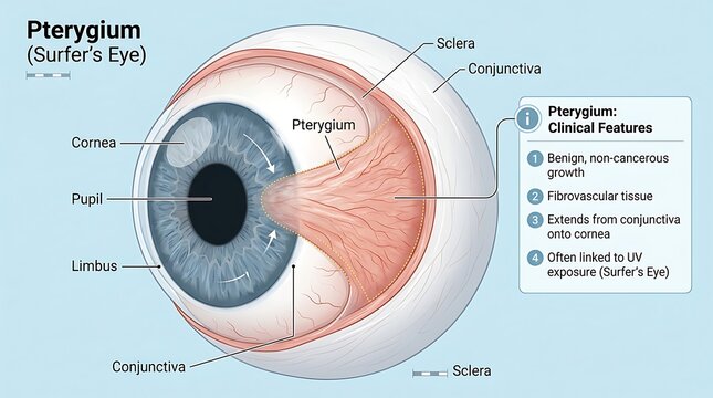 Educational medical diagram of pterygium clinical features illustrating fibrovascular growth from the conjunctiva onto the cornea with a list of key diagnostic characteristics.