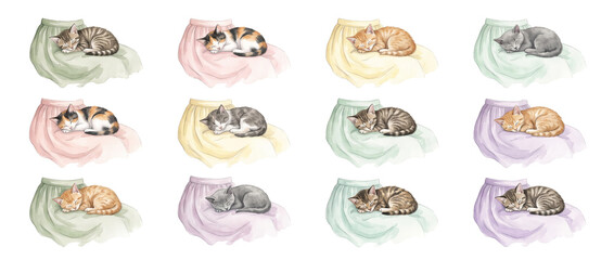 Obraz premium Sleeping kitten watercolor illustration set featuring cute cats sleeping on pastel skirts in various breeds for cozy pet art, craft, pattern design, print, scrapbook, and clipart collection.