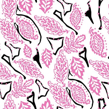 Hand drawn pink and black botanical leaf pattern with botanical, seamless