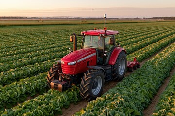 Obraz premium Red tractor working in green field at sunset agricultural landscape