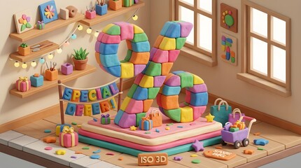 Naklejka premium Colorful block toy house with dolls and furniture