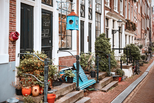 Amsterdam, Netherlands. Autumn street with traditional houses. Flowers in flowerpots, house entrance decoration with natural plants and flowers. Urban landscape.