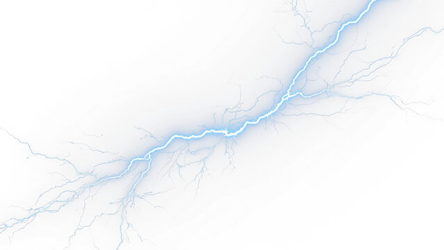 Electric blue lightning bolt on white background. Powerful electrical discharge effect. Abstract energy flash and thunderbolt strike.