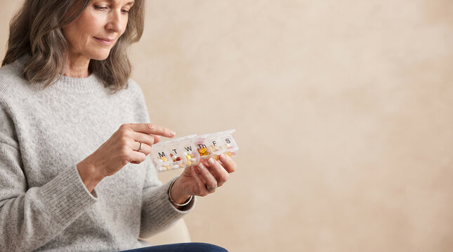 An older woman with grey hair wearing a grey sweater holding a plastic pill organizer box ad social media download thambnail poster web template event festival 2026 2027 2028