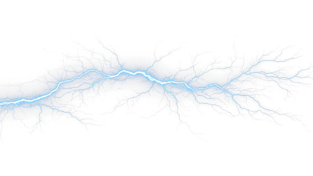 Electric blue lightning bolt on white background. Powerful electrical discharge effect. Bright energy spark and thunderbolt strike.