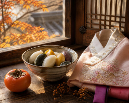 chuseok. Songpyeon rice cakes, persimmon and hanbok fabric on windowsill, Korean harvest celebration concept, representing seasonal cycles and harvest abundance.