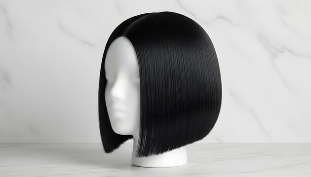 Black sleek bob haircut with side parting on white mannequin head standing on marble surface for fashion beauty salon and modern hair care concept
