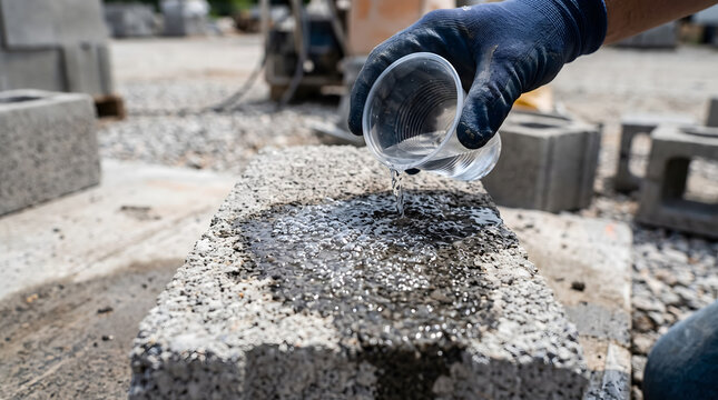 A hand in a black glove pouring water onto a porous concrete block for testing.