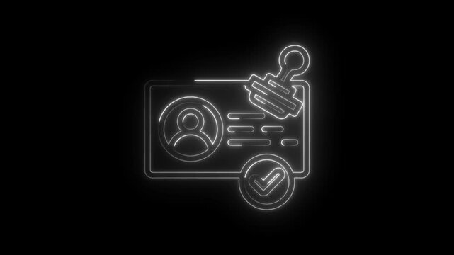 Neon identity card approved stamp glowing white outline on black background verification icon