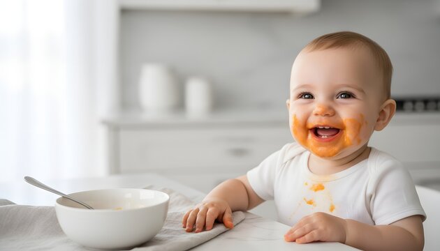 Cute adorable baby smiling with food on chin after eating organic vegetable puree at table in bright kitchen for infant nutrition and healthy child care concept