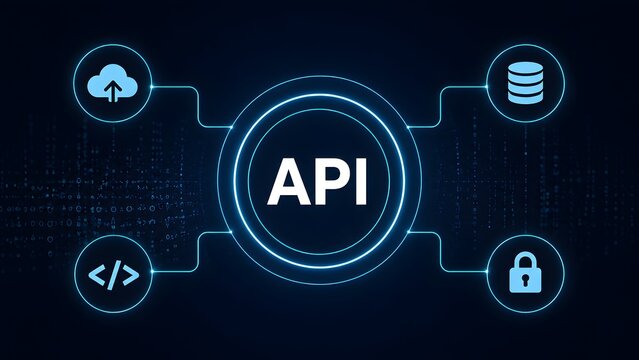 Application programming interface, glowing API integration network connecting cloud computing, secure database storage, and software development code.