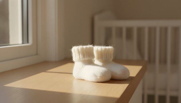 Small white knitted baby socks resting on windowsill illuminated by warm sunlight in cozy nursery for pregnancy announcement and new life concept