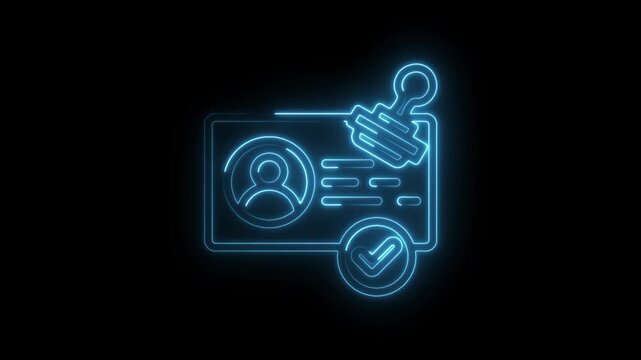 Neon blue glowing identity card with profile icon approved stamp and checkmark symbol on black