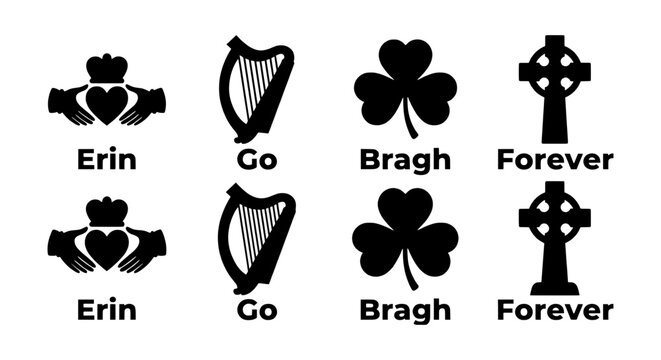 Irish Symbols Vector Icons: Claddagh, Harp, Shamrock, Celtic Cross, Erin Go Bragh