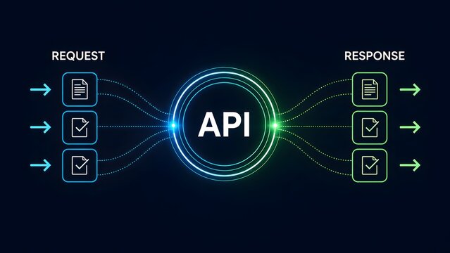 Application programming interface architecture, digital API request and response workflow for software integration and server data transfer.