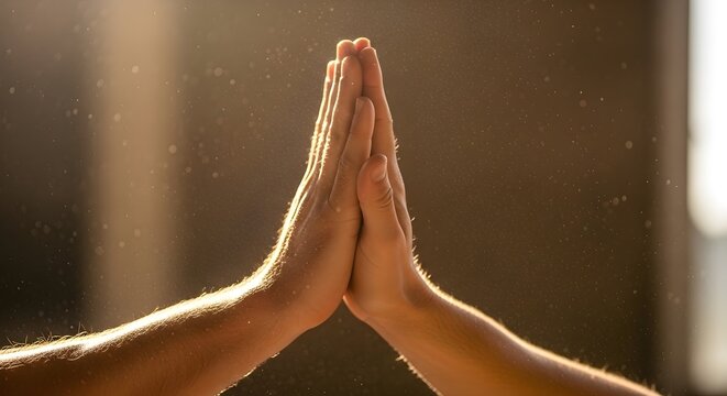 Two hands giving high five in warm glowing sunlight