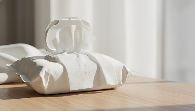 Open baby wipes pack sitting on a clean wooden table in bright natural light for personal hygiene, daily sanitization, and gentle skincare concept