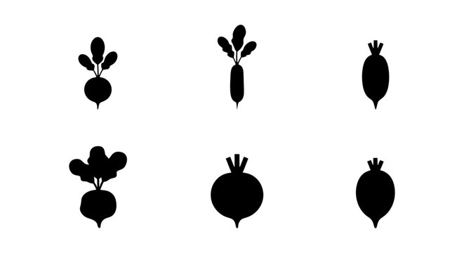 Radish Icons Set, Root Vegetable Silhouettes, Fresh Produce Vector Graphics, Healthy Food Symbols