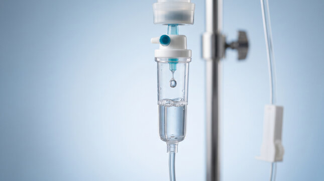 Close up of a medical intravenous drip chamber with clear fluid dripping inside, attached ad social media download thambnail poster web template event festival 2026 2027 2028
