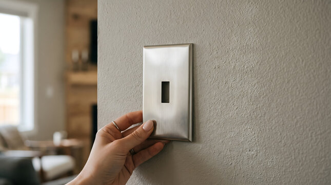 Hand flipping a modern light switch on a textured wall.