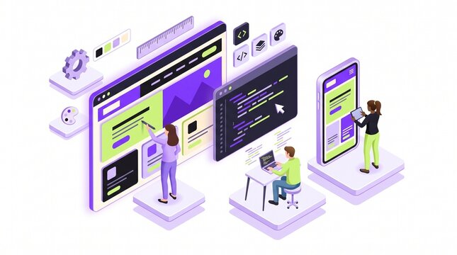 Isometric web development team utilizing interface wireframes and coding windows for mobile application design and software engineering projects to enhance digital user experience and business